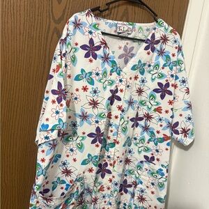 TLC White Scrub Top with Purple, Teal & Red Floral Print